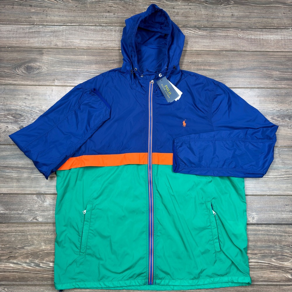 Polo Ralph Lauren Mens XLT Windbreaker Blue Green Colorblock Hooded Jacket NWT